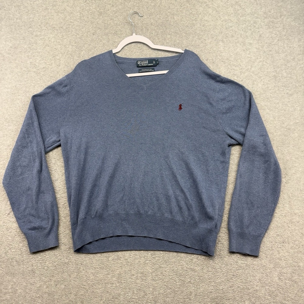 Polo Ralph Lauren Men's Pima‎ Cotton V-Neck Knit Sweater Blue Size L Red Pony